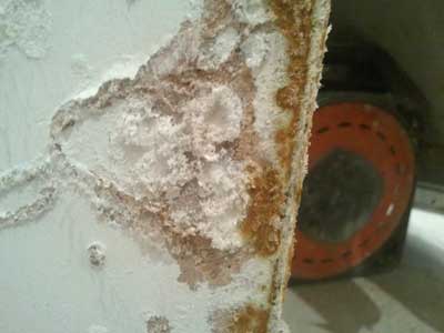 Fluffy white salts on a chimney breast wall, showing rusty angle bead.